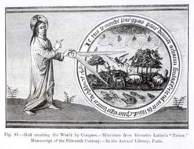 God Creating the World by Compass, from a manuscript illumination of Le Livre du Tresor by Brunetto Latini, illustration from Science and Literature in the Middle Ages and the Renaissance by French School